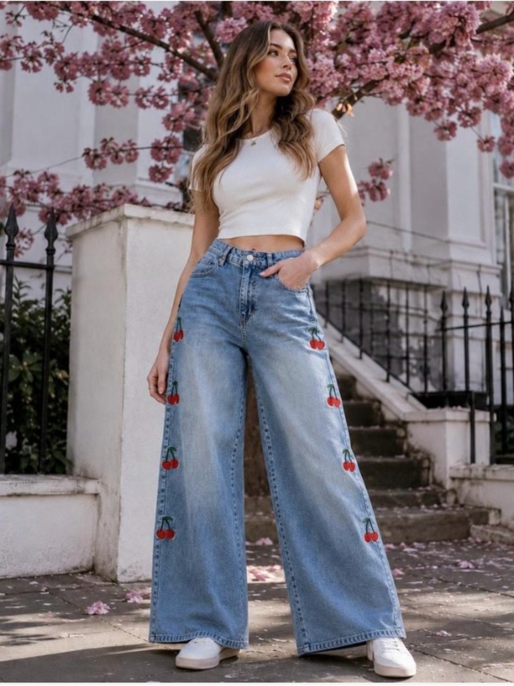 Madden NYC Women's Ultra 90's wide leg Jeans with Cherry Embroidery.
